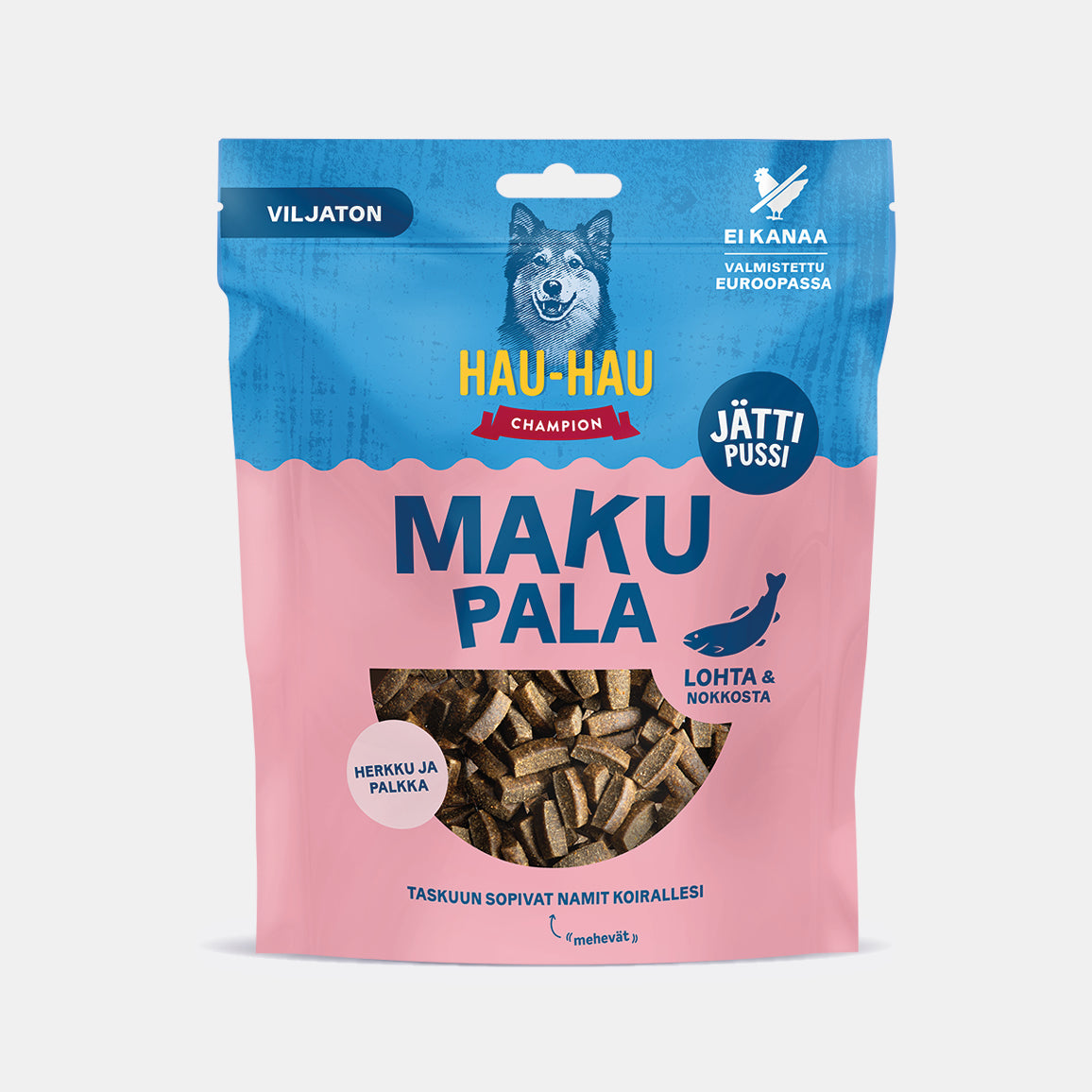 Hau-Hau Champion Makupala Lohta ja nokkosta kanaton koiran herkku 500 g pakkauskuva