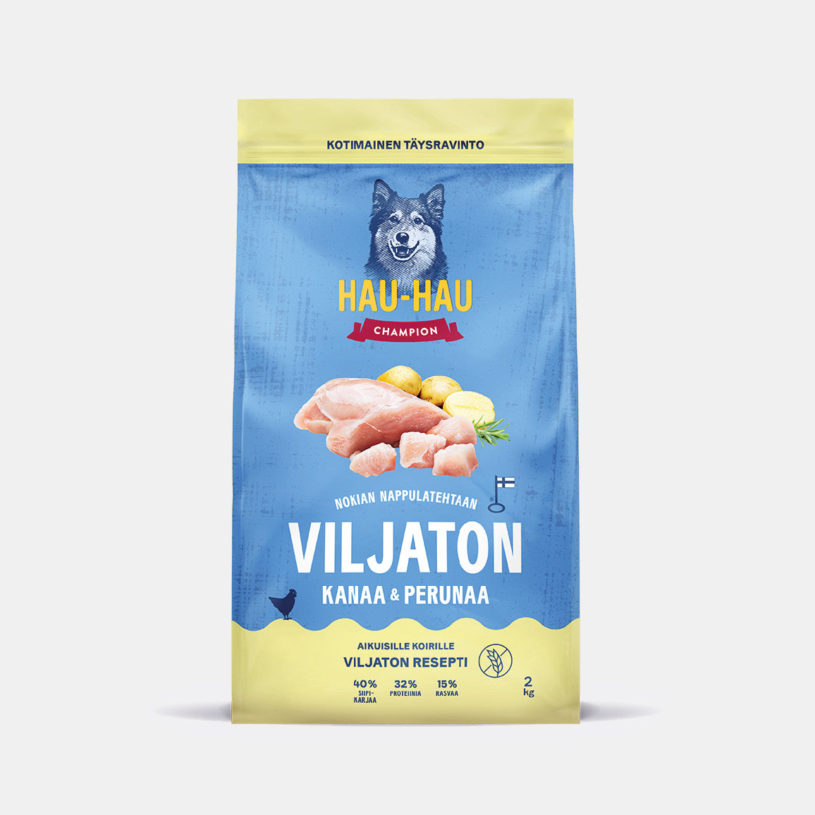 Hau-Hau Champion Nokian Nappulatehtaan Viljaton, kanaa ja perunaa kotimainen koiran kuivaruoka 2 kg pakkauskuva