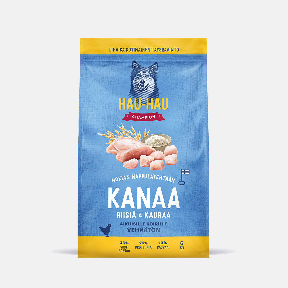 Hau-Hau Champion Nokian Nappulatehtaan Kanaa, riisiä ja kauraa kotimainen koiran kuivaruoka 6 kg pakkauskuva