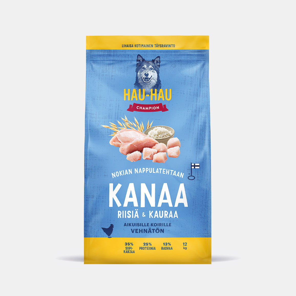 Hau-Hau Champion Nokian Nappulatehtaan Kanaa, riisiä ja kauraa kotimainen koiran kuivaruoka 12 kg pakkauskuva