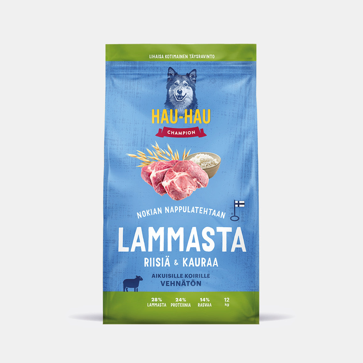 Hau-Hau Champion Nokian Nappulatehtaan Lammasta, riisiä ja kauraa kotimainen koiran kuivaruoka 12 kg pakkauskuva