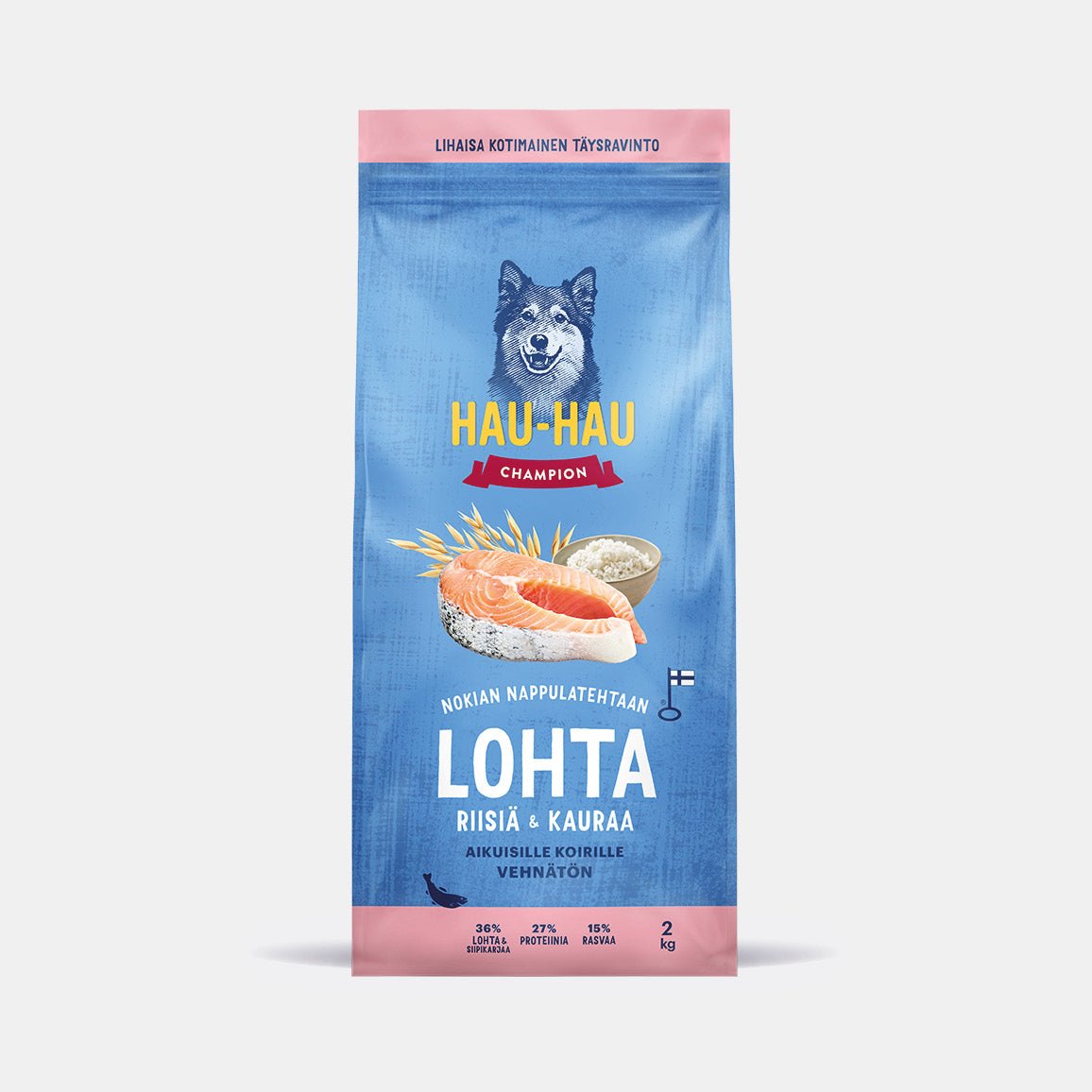 Hau-Hau Champion Nokian Nappulatehtaan Lohta, riisiä ja kauraa kotimainen koiran kuivaruoka 2 kg pakkauskuva