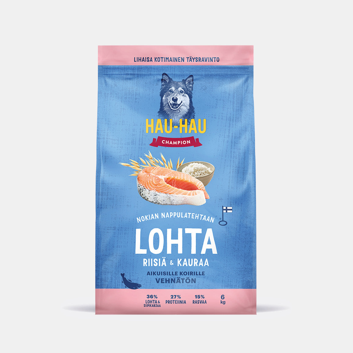 Hau-Hau Champion Nokian Nappulatehtaan Lohta, riisiä ja kauraa kotimainen koiran kuivaruoka 6 kg pakkauskuva