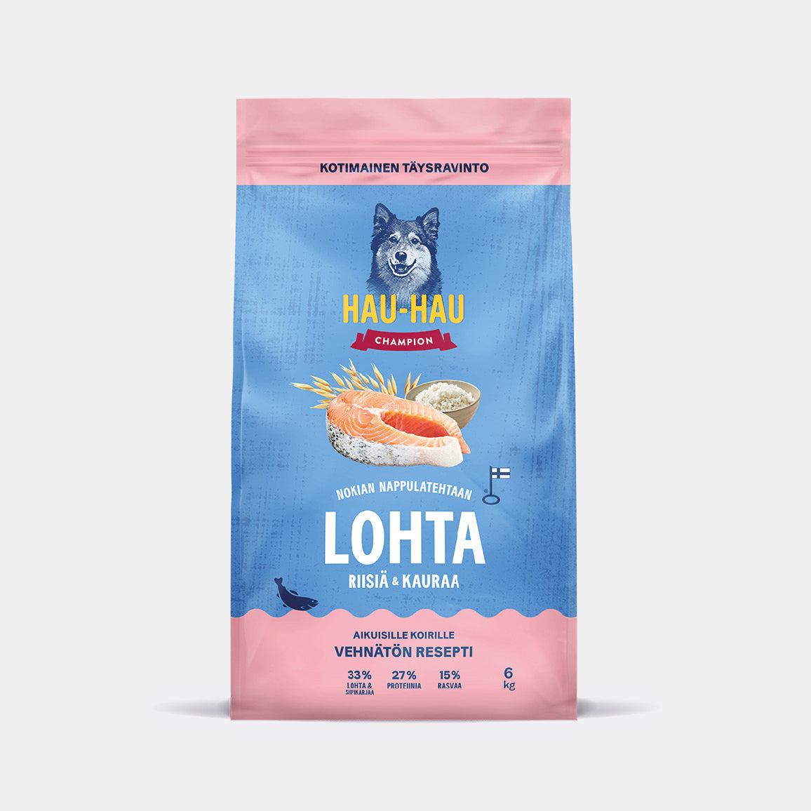 Hau-Hau Champion Nokian Nappulatehtaan Lohta, riisiä ja kauraa kotimainen koiran kuivaruoka 6 kg pakkauskuva