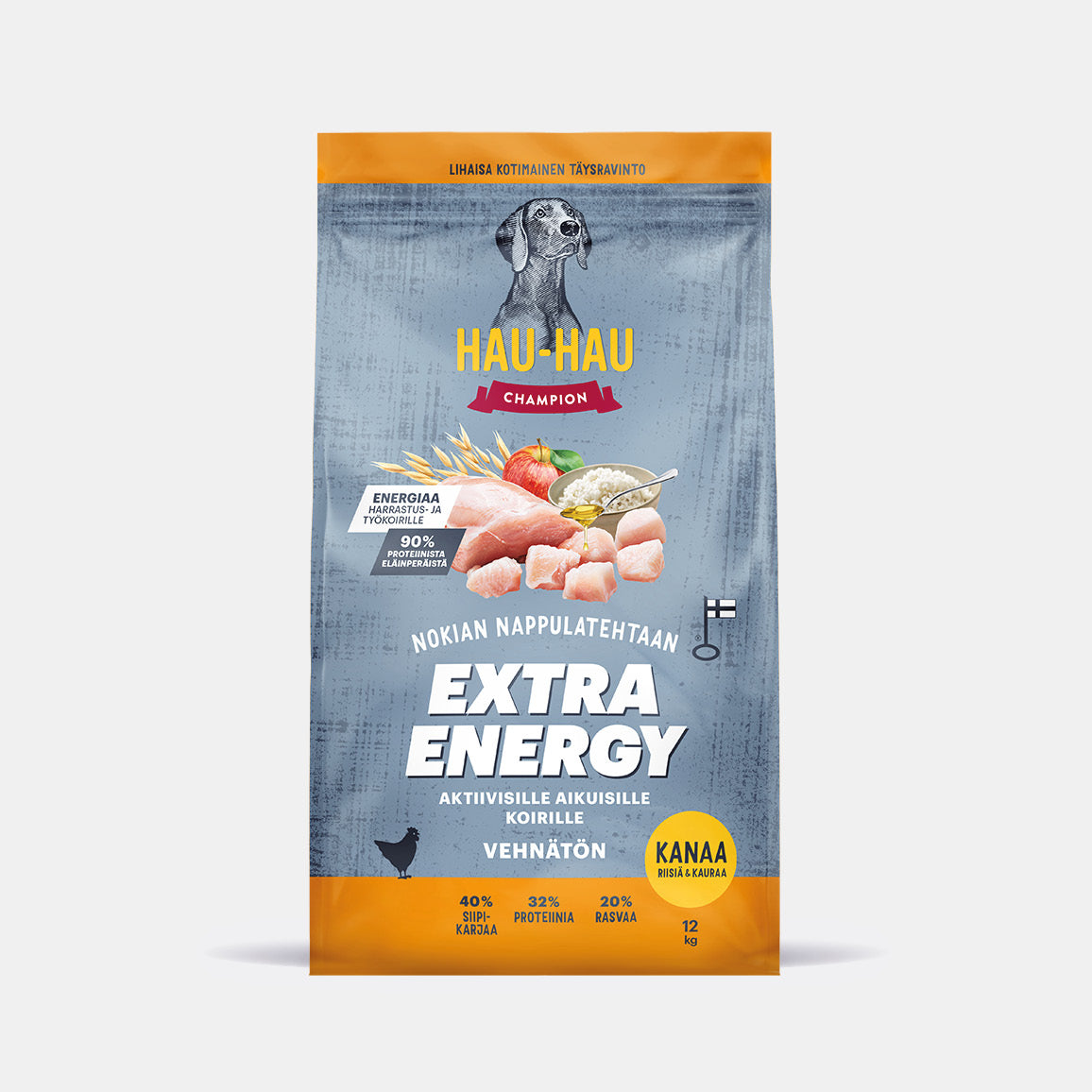 Hau-Hau Champion Nokian Nappulatehtaan Extra Energy Kanaa, riisiä ja kauraa kotimainen kuivaruoka aktiivisille koirille pakkauskuva