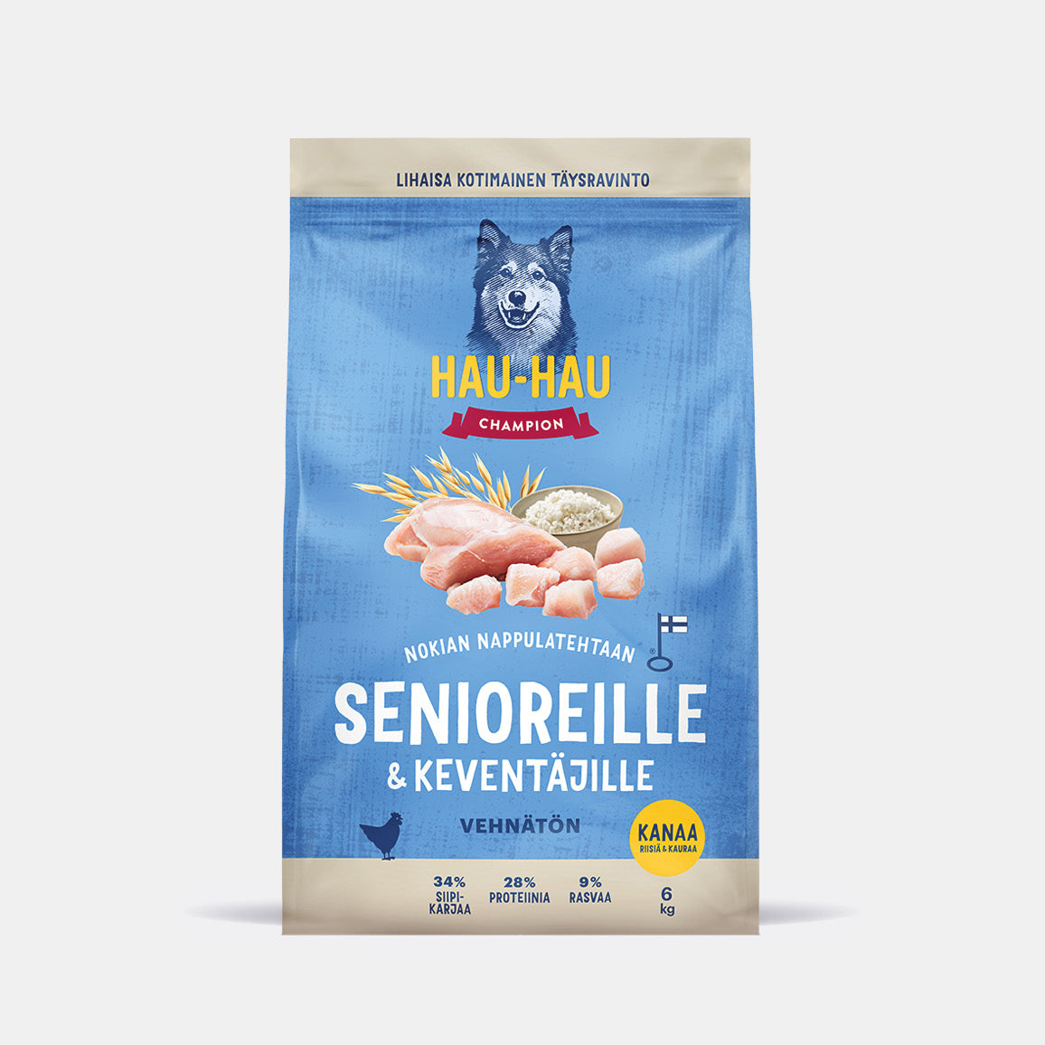 Hau-Hau Champion Nokian Nappulatehtaan Senioreille ja Keventäjille Kanaa, riisiä ja kauraa kotimainen koiran kuivaruoka 6 kg pakkauskuva