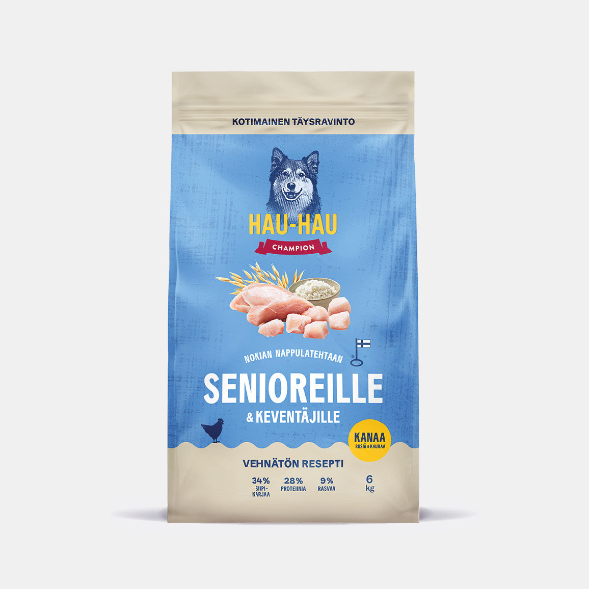 Hau-Hau Champion Nokian Nappulatehtaan Senioreille ja Keventäjille Kanaa, riisiä ja kauraa kotimainen koiran kuivaruoka 6 kg pakkauskuva