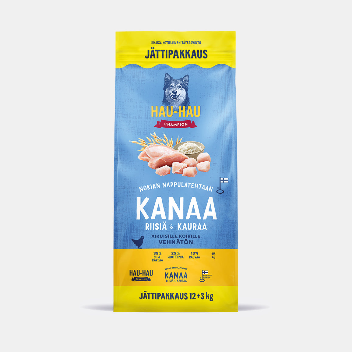 Hau-Hau Champion Nokian Nappulatehtaan Kanaa, riisiä ja kauraa kotimainen koiran kuivaruoka 12 + 3 kg pakkauskuva