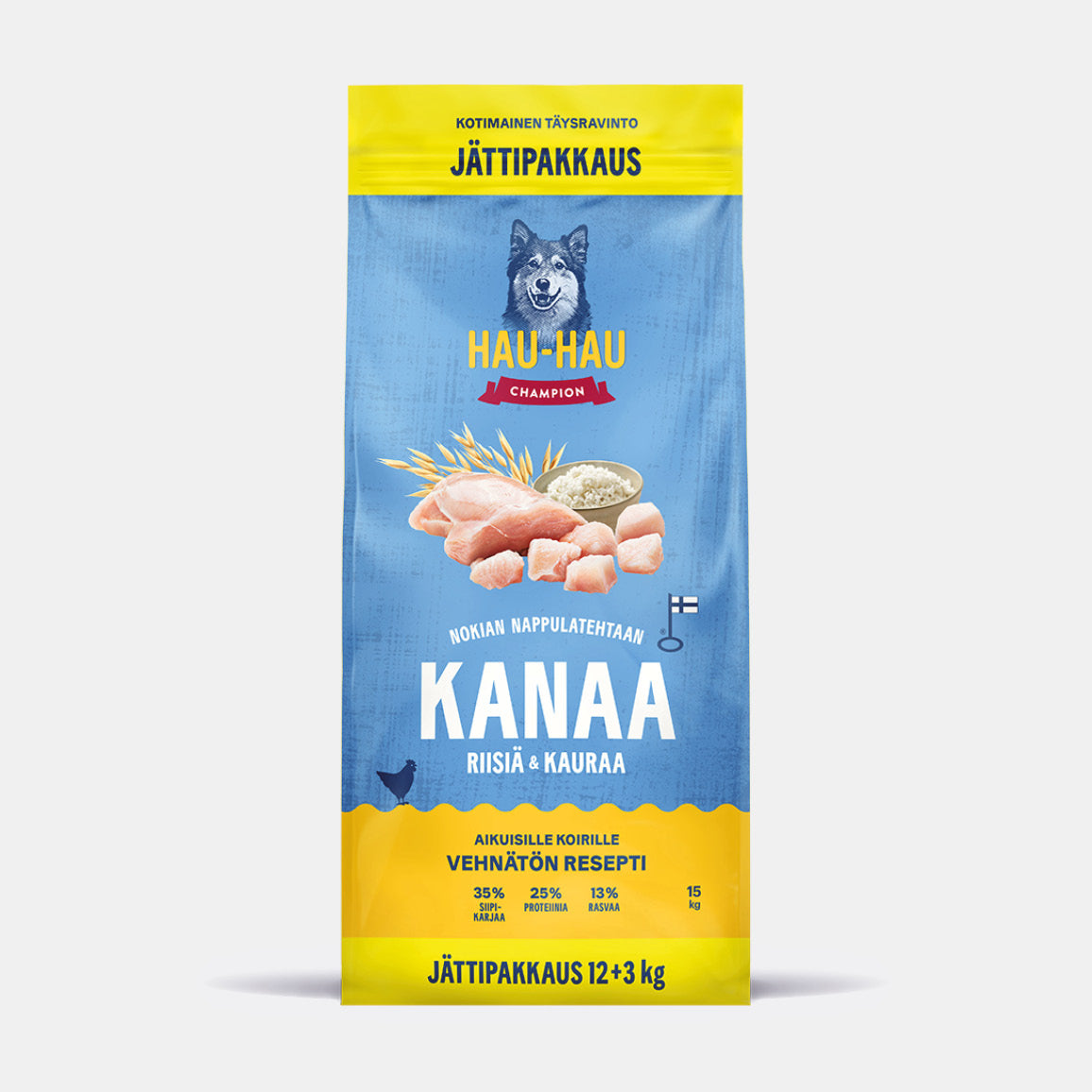 Hau-Hau Champion Nokian Nappulatehtaan Kanaa, riisiä ja kauraa kotimainen koiran kuivaruoka 15 kg pakkauskuva