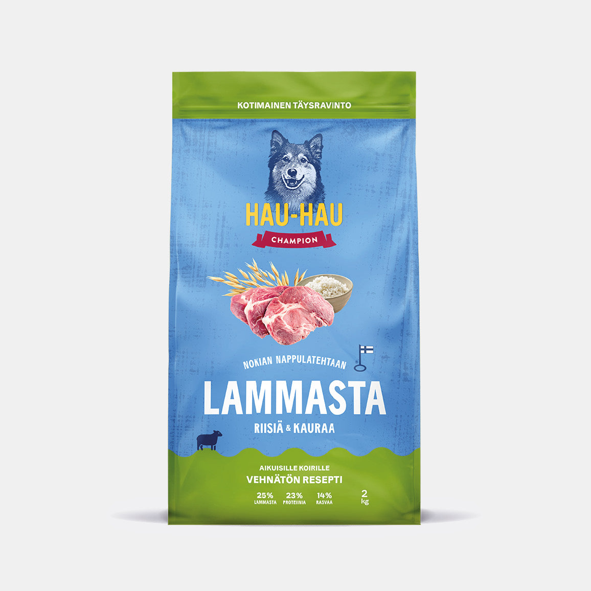 Hau-Hau Champion Nokian Nappulatehtaan Lammasta, riisiä ja kauraa kotimainen koiran kuivaruoka 2 kg pakkauskuva