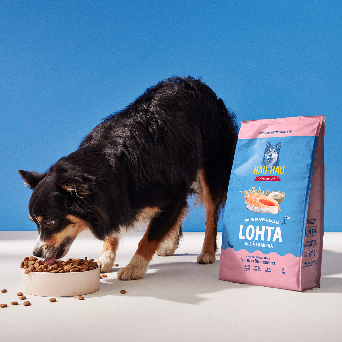 Hau-Hau Champion Nokian Nappulatehtaan Lohta, riisiä ja kauraa kotimainen koiran kuivaruoka kuvituskuva
