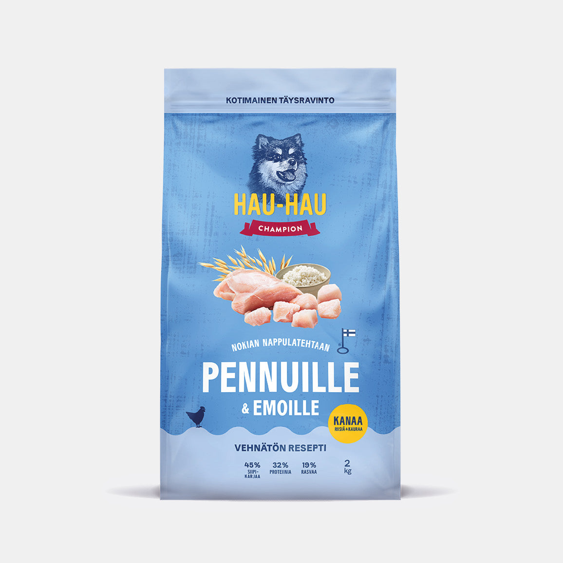 Hau-Hau Champion Nokian Nappulatehtaan Pennuille ja Emoille Kanaa, riisiä ja kauraa kotimainen koiranpennun kuivaruoka 2 kg pakkauskuva