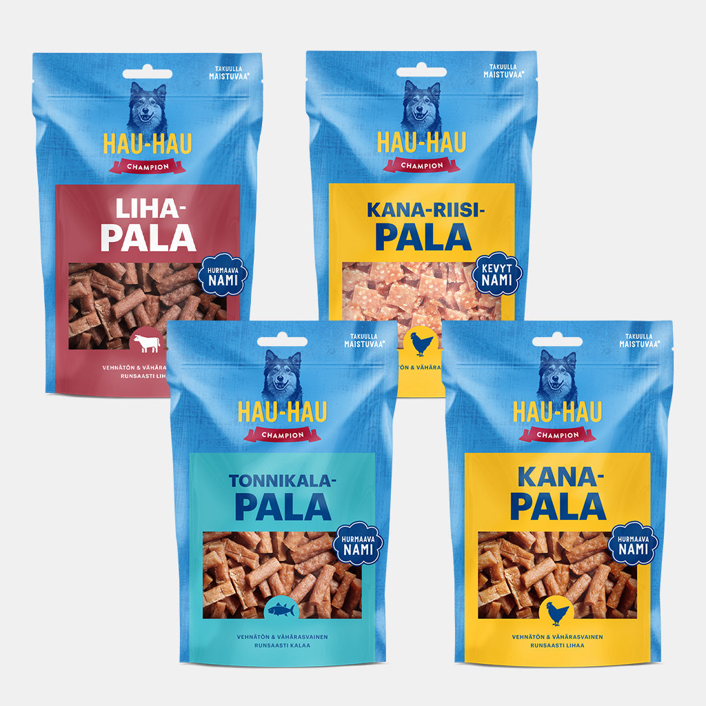 Kuvassa Hau-Haun vehnättömät herkut tuotekokoelma