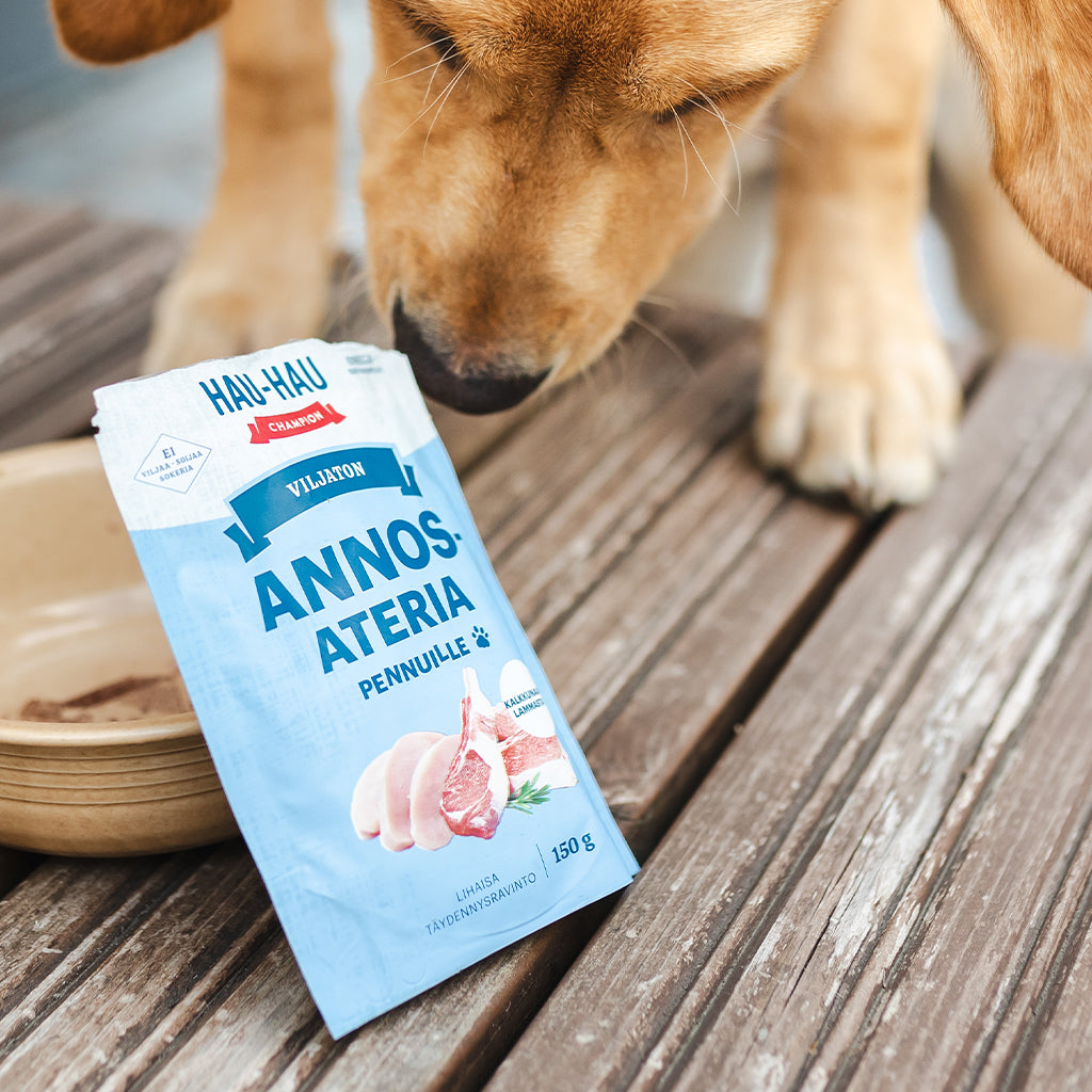 Nostokuva koiranpentujen omalle annosaterialle, kuvassa koiranpentu haistelee annosateriapussia