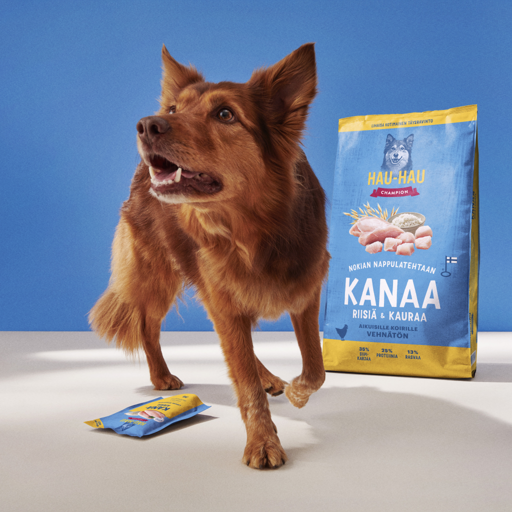 Kuvituskuva, jossa ruskea suomen lapinkoira ja Hau-Haun Kanaa, riisiä ja kauraa kuivaruokapussi.