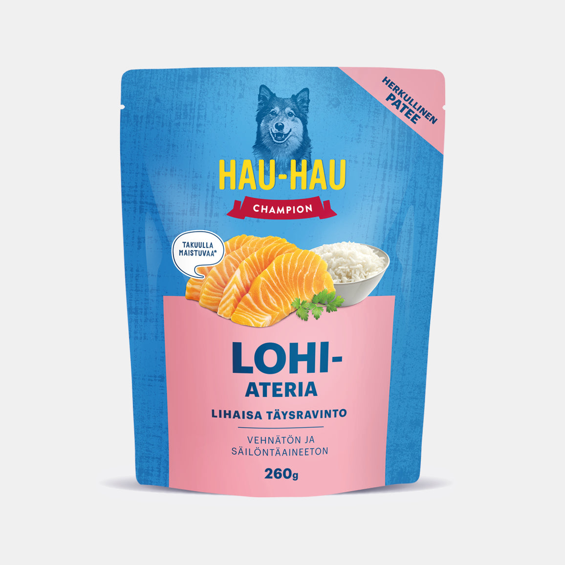 Hau-Hau Champion Lohiateria vehnätön koiran märkäruoka 260 g pakkauskuva