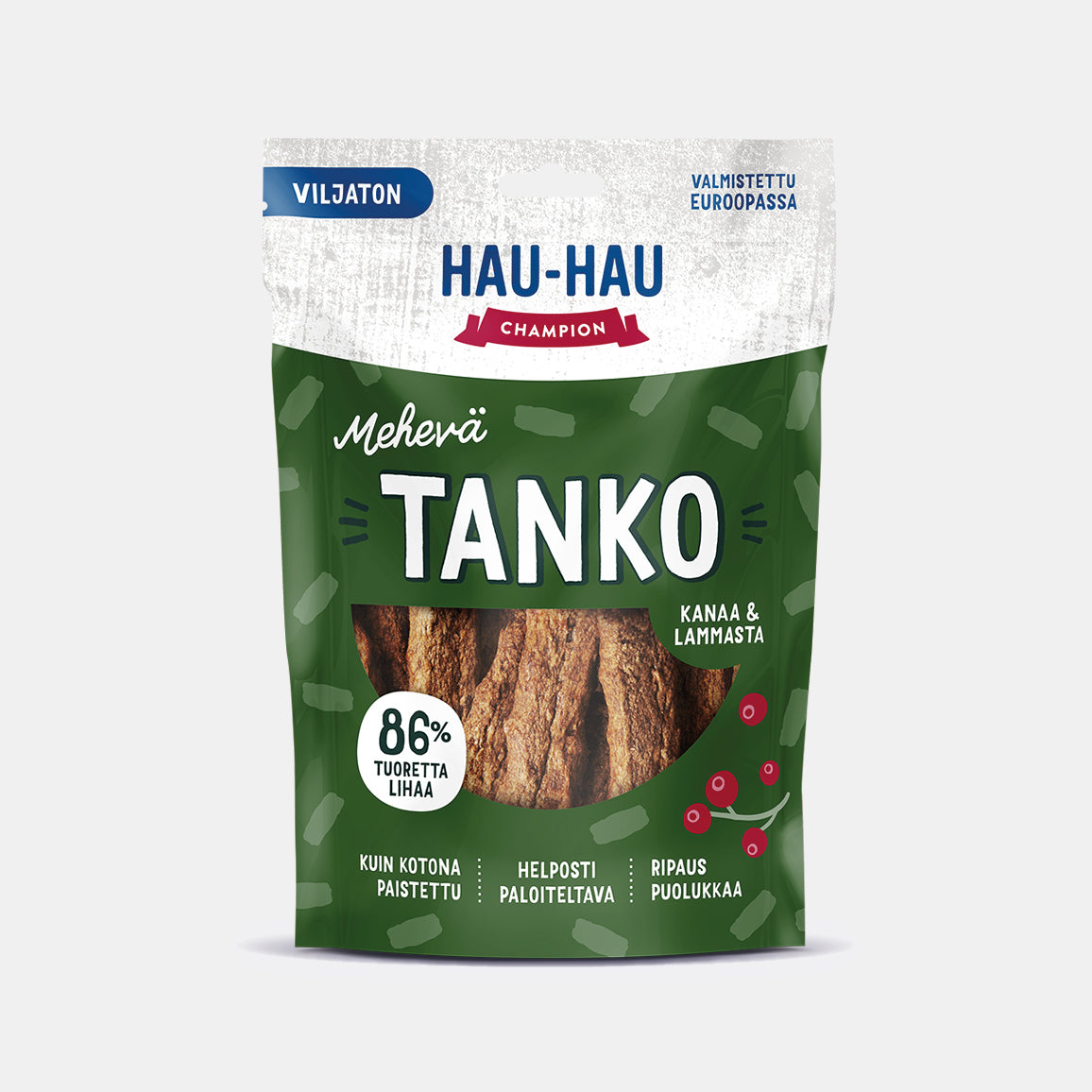 Hau-Hau Champion Mehevä Tanko Kanaa ja lammasta viljaton koiran herkku 140 g pakkauskuva