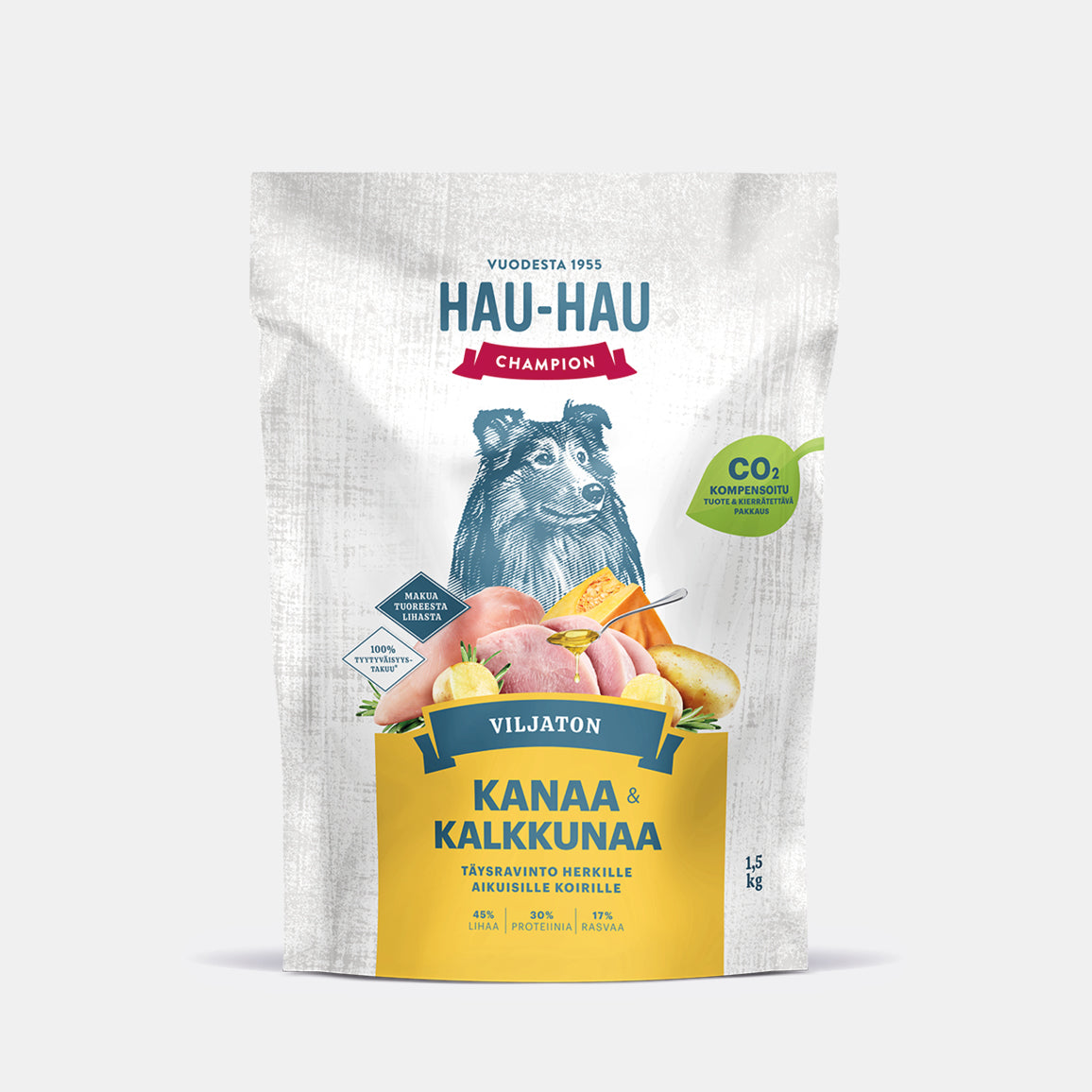 Hau-Hau Champion Nokian Nappulatehtaan Viljaton Kanaa ja kalkkunaa herkkävatsaisen koiran kuivaruoka 1,5 kg pakkauskuva