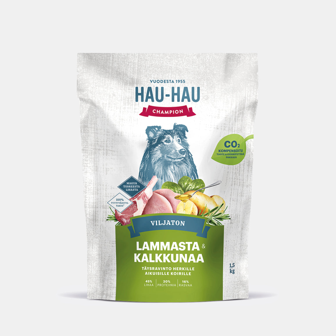 Hau-Hau Champion Nokian Nappulatehtaan Viljaton Lammasta ja kalkkunaa herkkävatsaisen koiran kuivaruoka 1,5 kg pakkauskuva