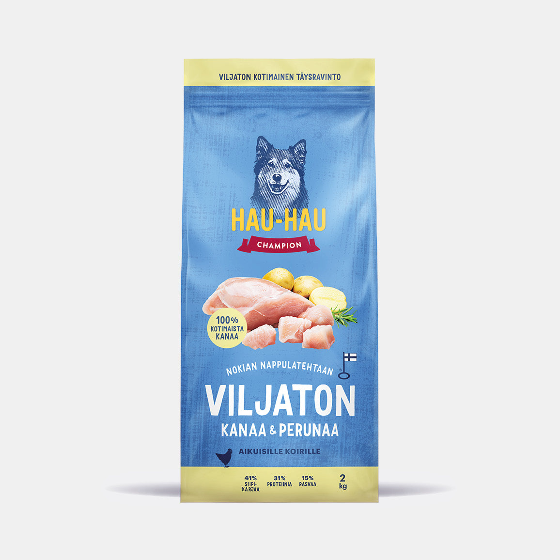 Hau-Hau Champion Nokian Nappulatehtaan Viljaton, kanaa ja perunaa kotimainen koiran kuivaruoka 2 kg pakkauskuva