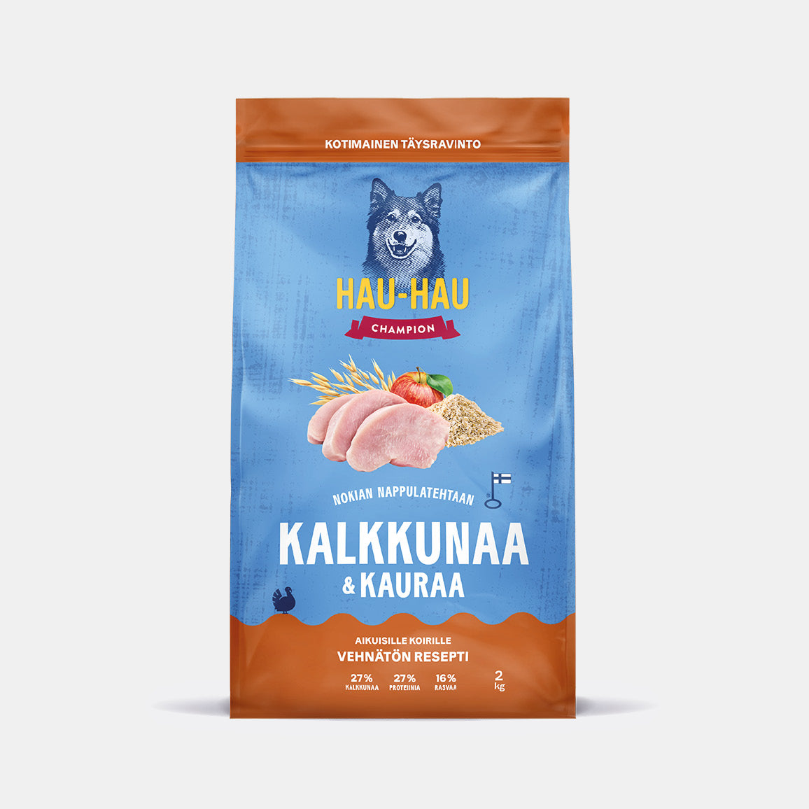 Hau-Hau Champion Nokian Nappulatehtaan Kalkkunaa ja kauraa kotimainen koiran kuivaruoka pakkauskuva