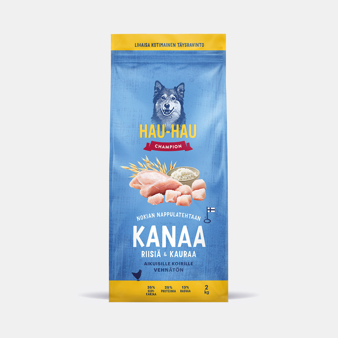 Hau-Hau Champion Nokian Nappulatehtaan Kanaa, riisiä ja kauraa kotimainen koiran kuivaruoka 2 kg pakkauskuva