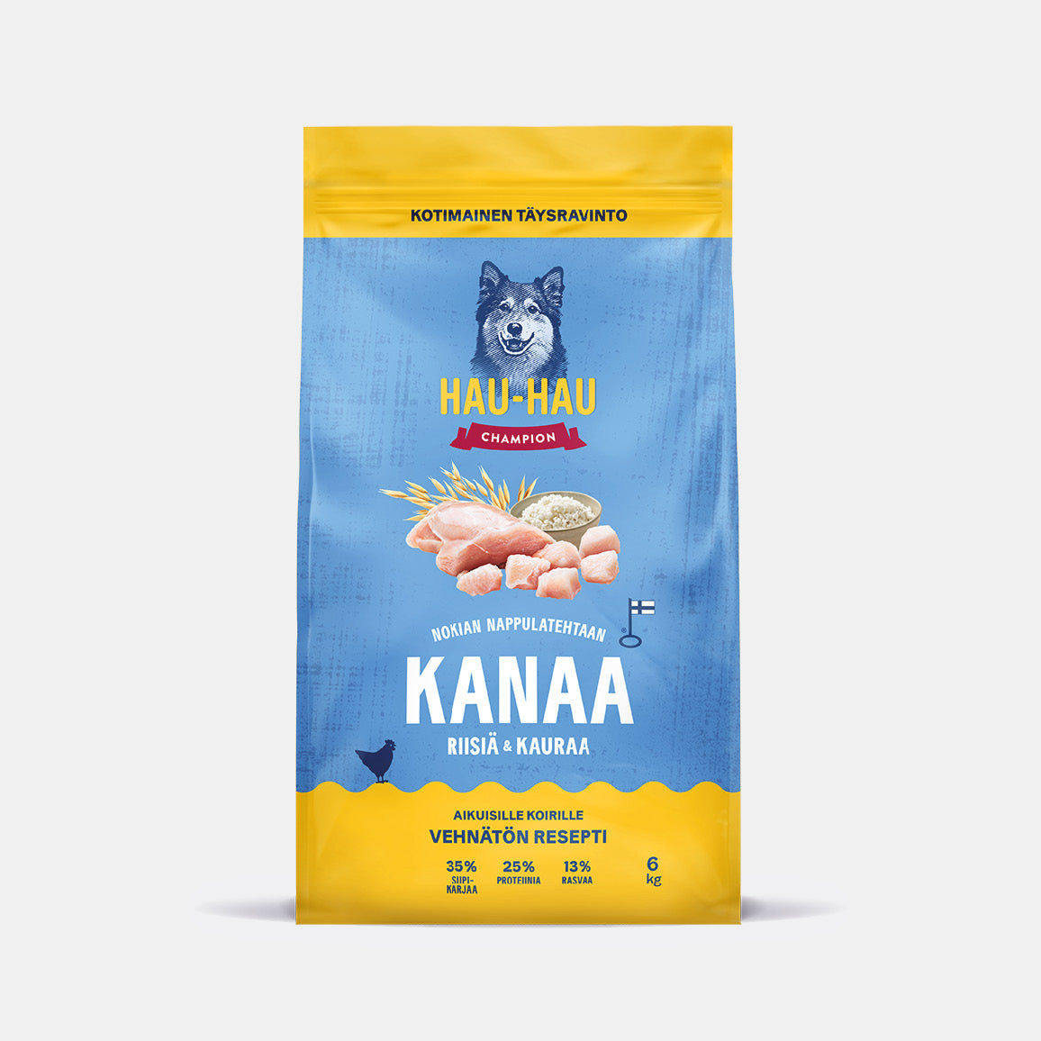 Hau-Hau Champion Nokian Nappulatehtaan Kanaa, riisiä ja kauraa kotimainen koiran kuivaruoka 6 kg pakkauskuva