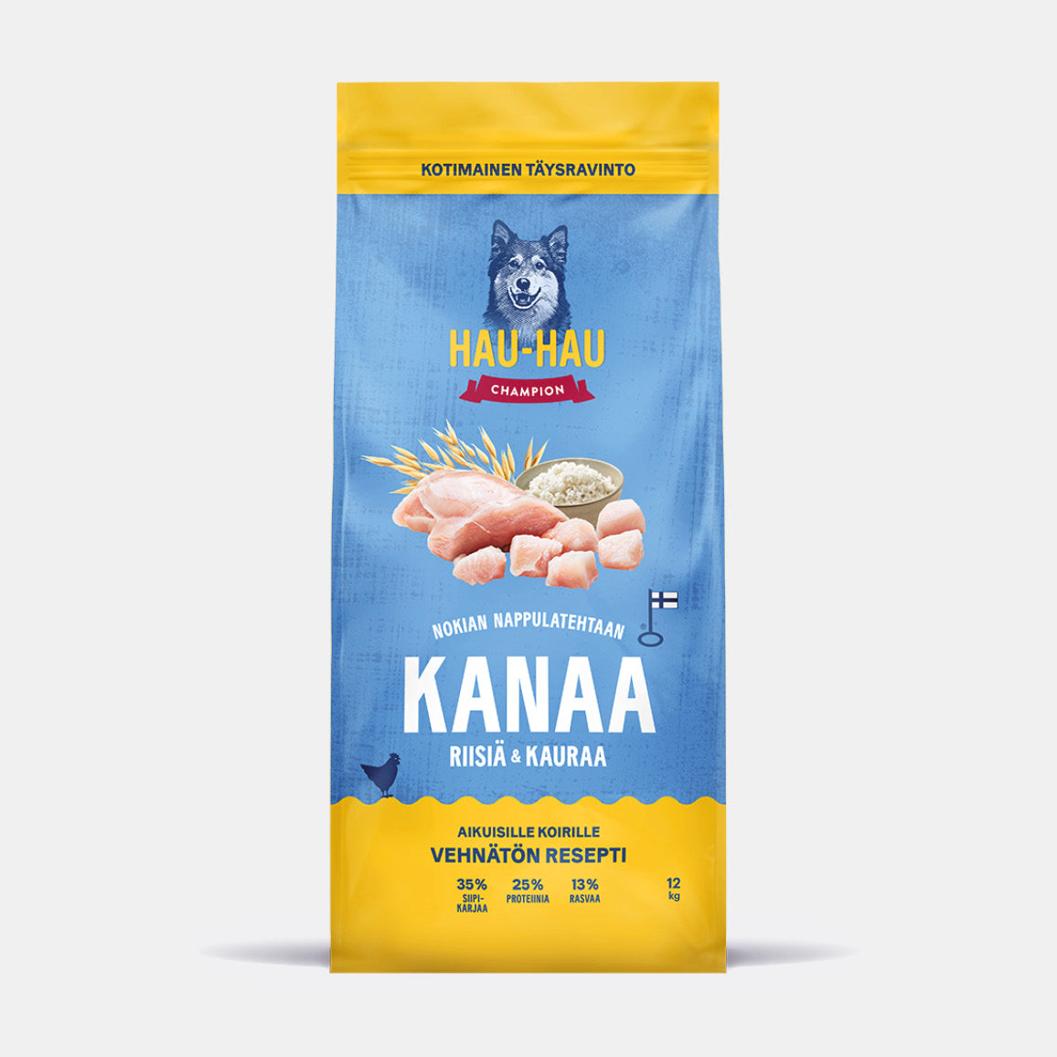 Hau-Hau Champion Nokian Nappulatehtaan Kanaa, riisiä ja kauraa kotimainen koiran kuivaruoka 12 kg pakkauskuva