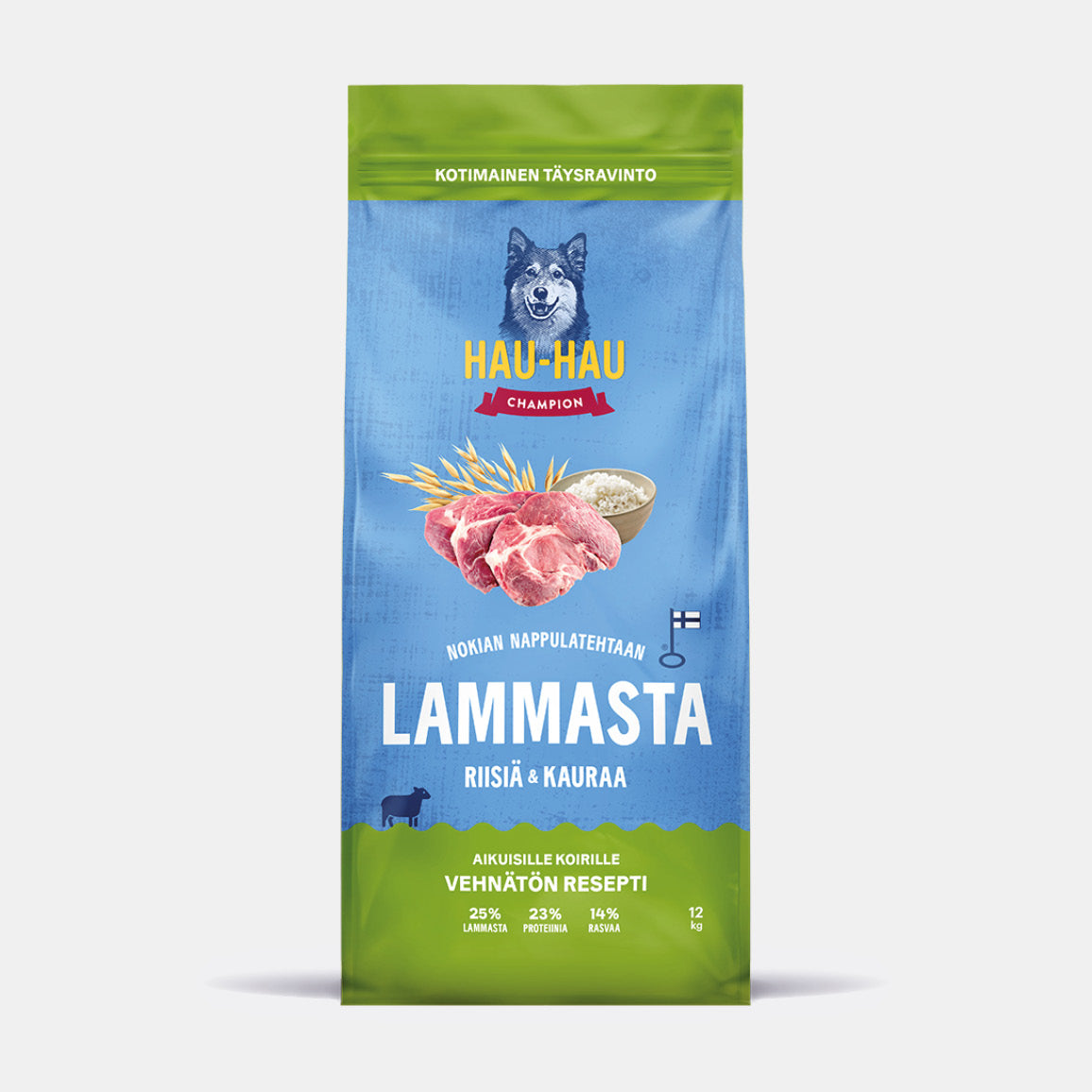 Hau-Hau Champion Nokian Nappulatehtaan Lammasta, riisiä ja kauraa kotimainen koiran kuivaruoka  12 kg pakkauskuva