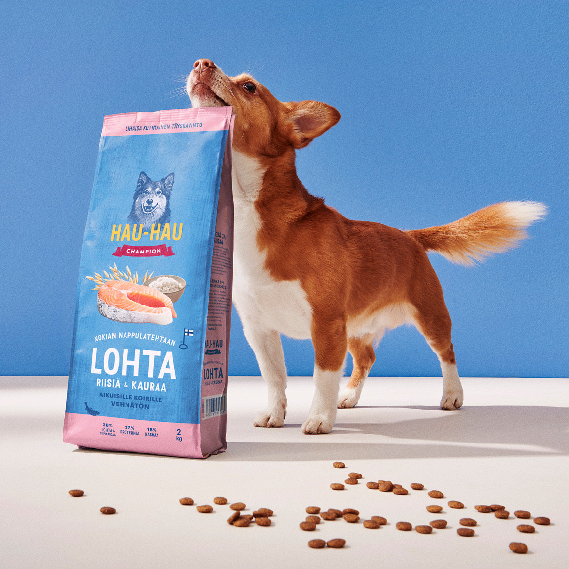 Hau-Hau Champion Nokian Nappulatehtaan Lohta, riisiä ja kauraa kotimainen koiran kuivaruoka 2 kg pakkauskuva