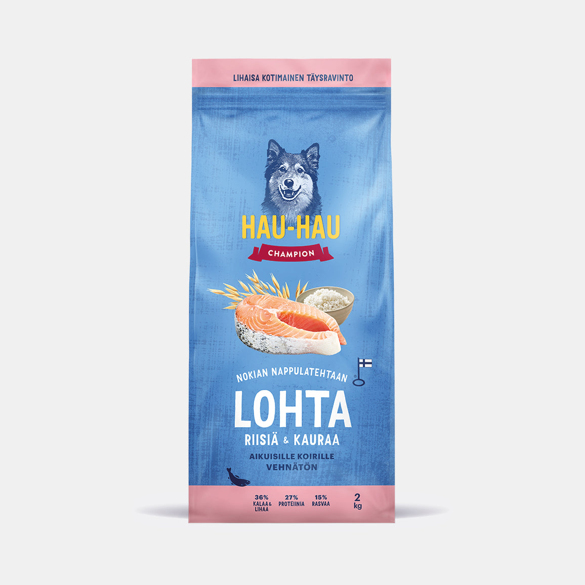 Hau-Hau Champion Nokian Nappulatehtaan Lohta, riisiä ja kauraa kotimainen koiran kuivaruoka 2 kg pakkauskuva