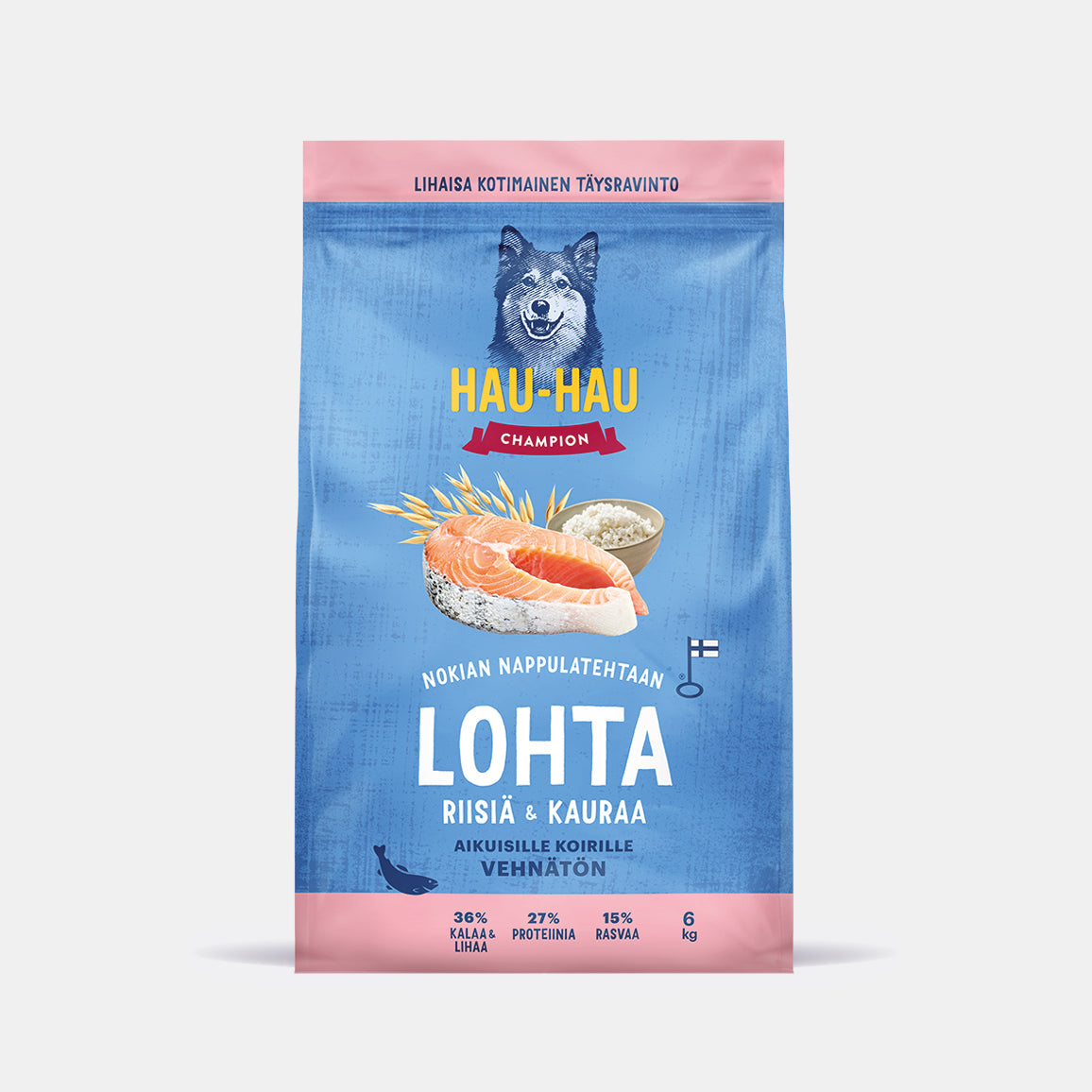 Hau-Hau Champion Nokian Nappulatehtaan Lohta, riisiä ja kauraa kotimainen koiran kuivaruoka 6 kg pakkauskuva