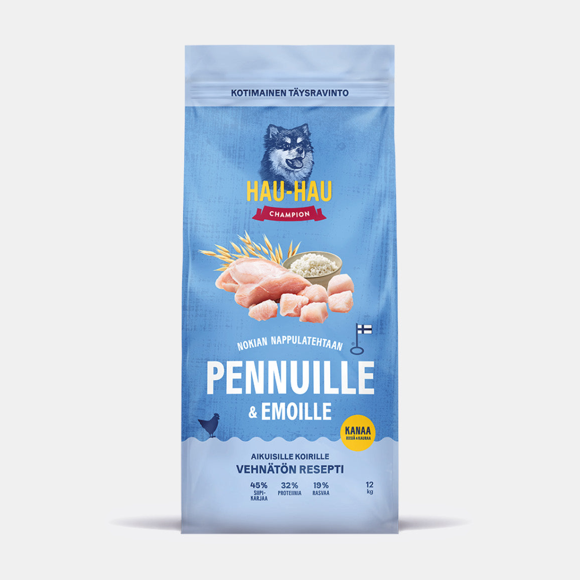 Hau-Hau Champion Nokian Nappulatehtaan Pennuille ja Emoille Kanaa, riisiä ja kauraa kotimainen koiranpennun kuivaruoka 12 kg pakkauskuva
