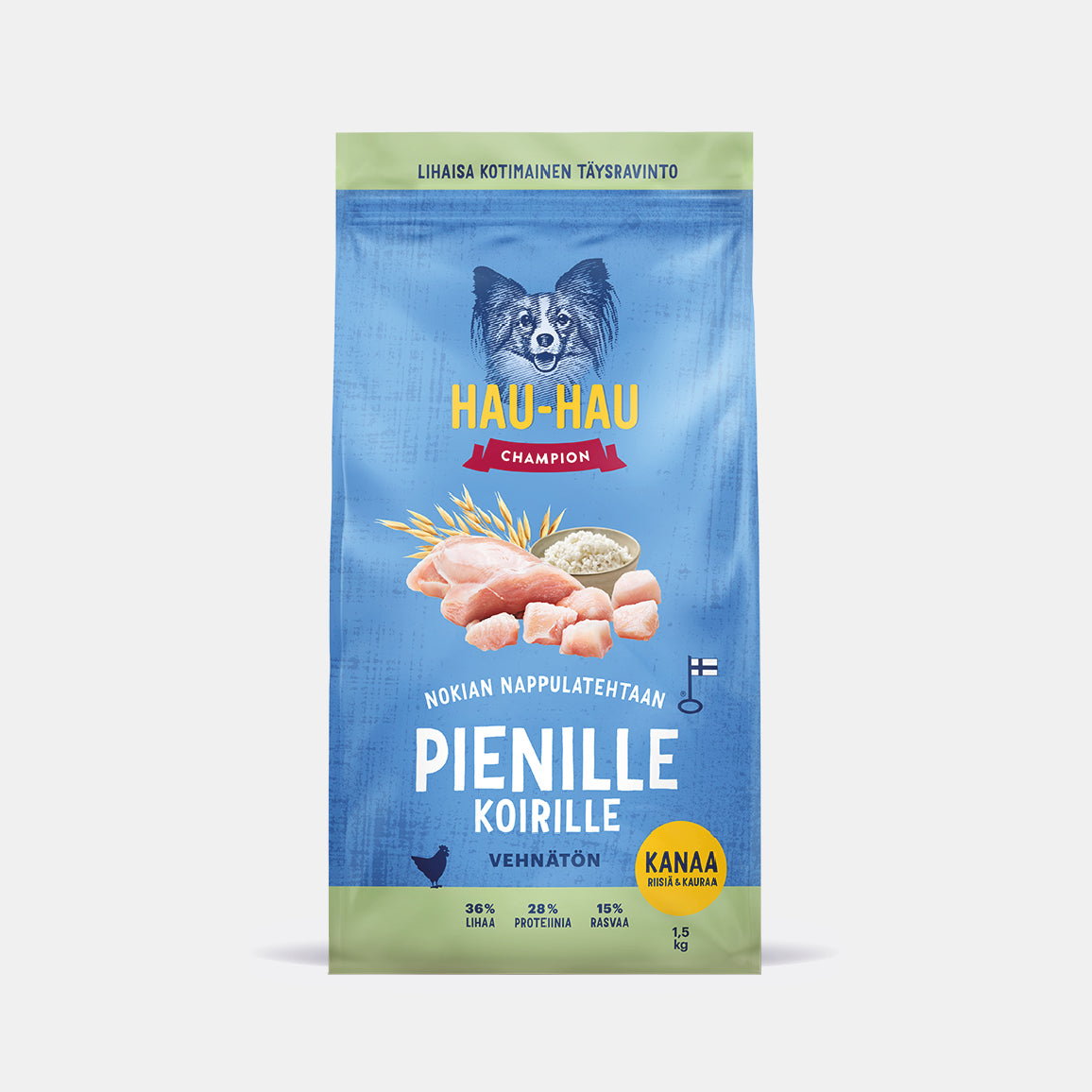 Hau-Hau Champion Nokian Nappulatehtaan Pienille koirille Kanaa, riisiä ja kauraa kotimainen kuivaruoka 1,5 kg pakkauskuva