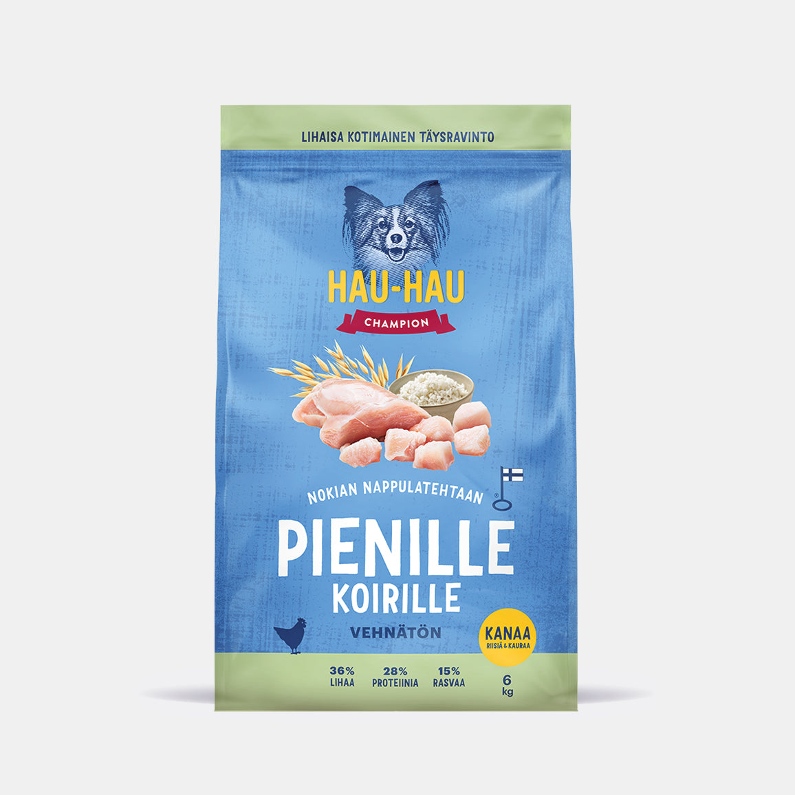 Hau-Hau Champion Nokian Nappulatehtaan Pienille koirille Kanaa, riisiä ja kauraa kotimainen kuivaruoka 6 kg pakkauskuva