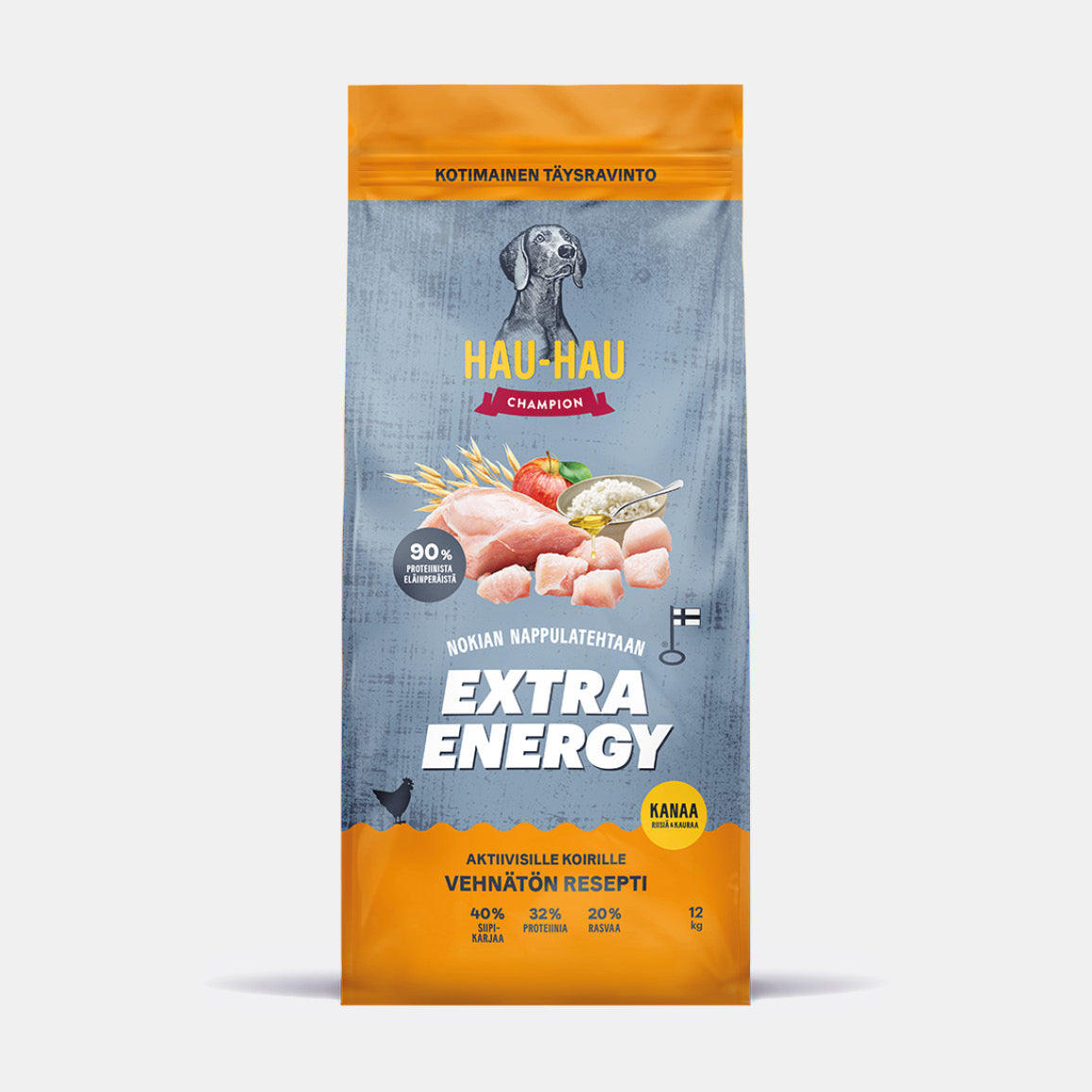 Hau-Hau Champion Nokian Nappulatehtaan Extra Energy Kanaa, riisiä ja kauraa kotimainen kuivaruoka aktiivisille koirille pakkauskuva