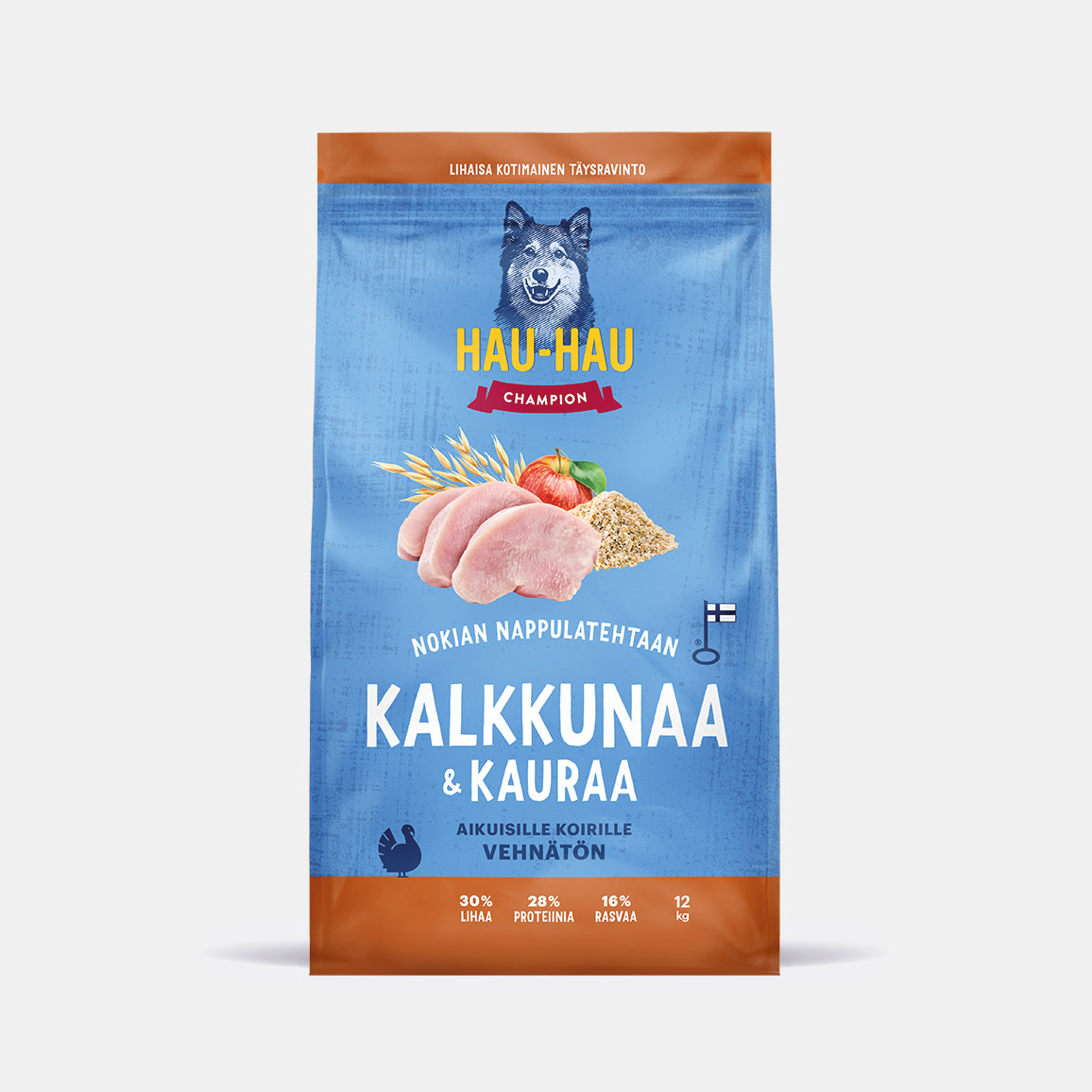 Hau-Hau Champion Nokian Nappulatehtaan Kalkkunaa ja kauraa kotimainen koiran kuivaruoka 12 kg pakkauskuva