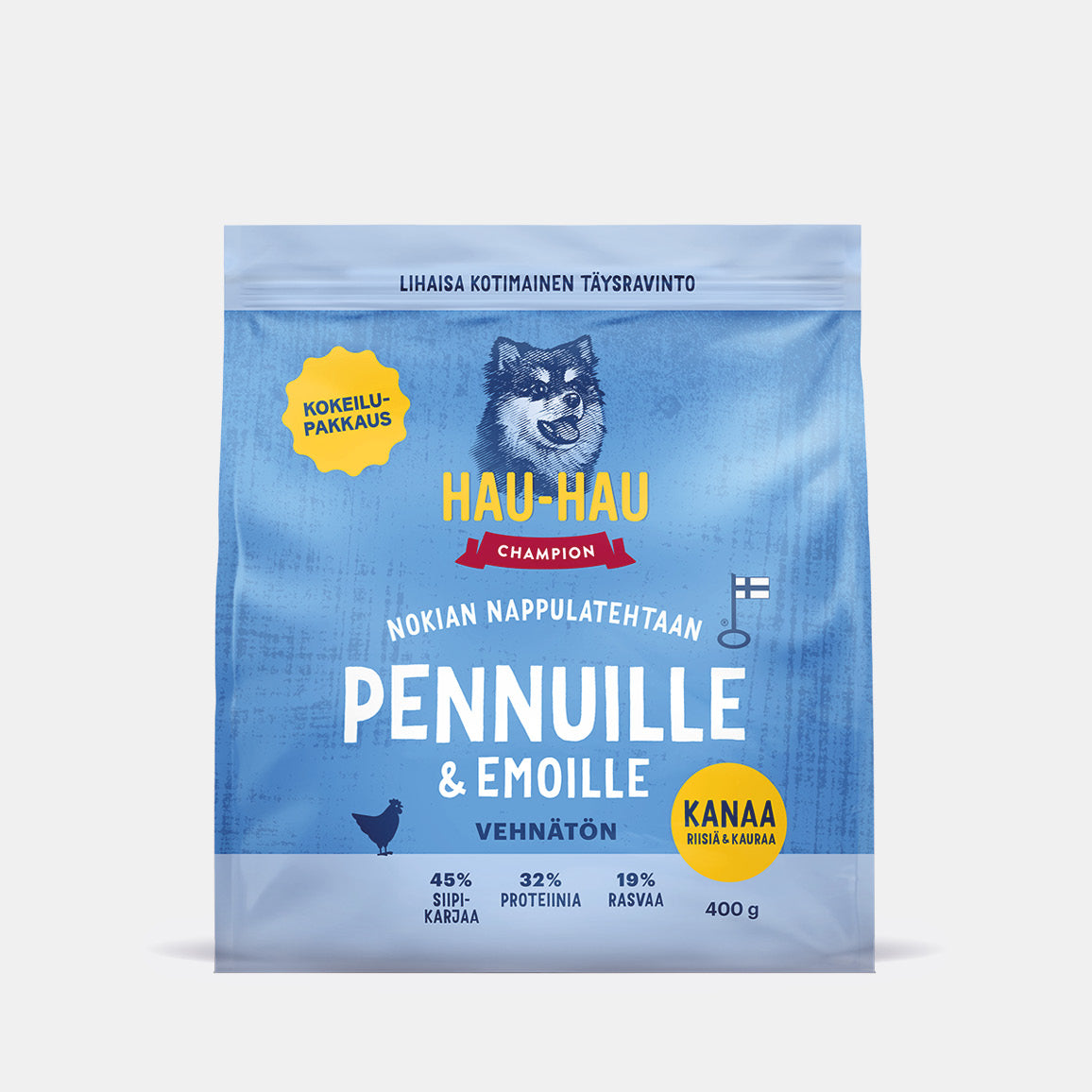 5251 Hau-Hau Champion Nokian Nappulatehtaan Kotimainen vehnätön kanaa riisiä ja kauraa koiran kuivaruoka kokeilupakkaus