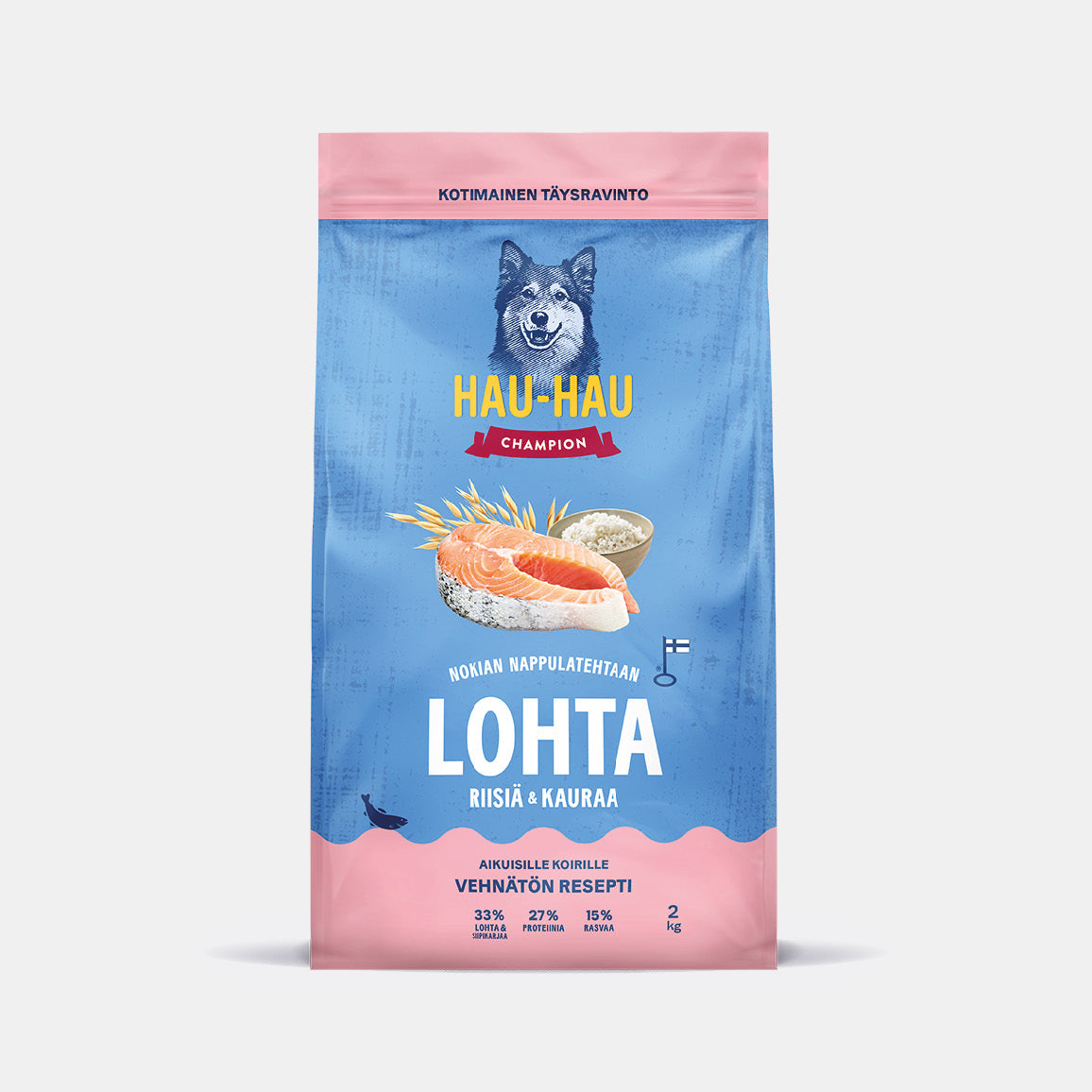 Hau-Hau Champion Nokian Nappulatehtaan Lohta, riisiä ja kauraa kotimainen koiran kuivaruoka 2 kg pakkauskuva