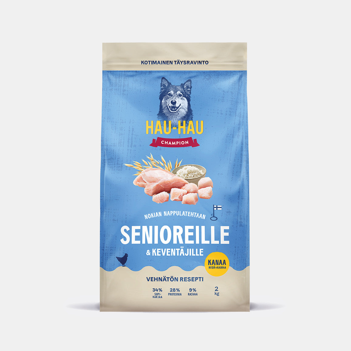 Hau-Hau Champion Nokian Nappulatehtaan Senioreille ja Keventäjille Kanaa, riisiä ja kauraa kotimainen koiran kuivaruoka 2 kg pakkauskuva