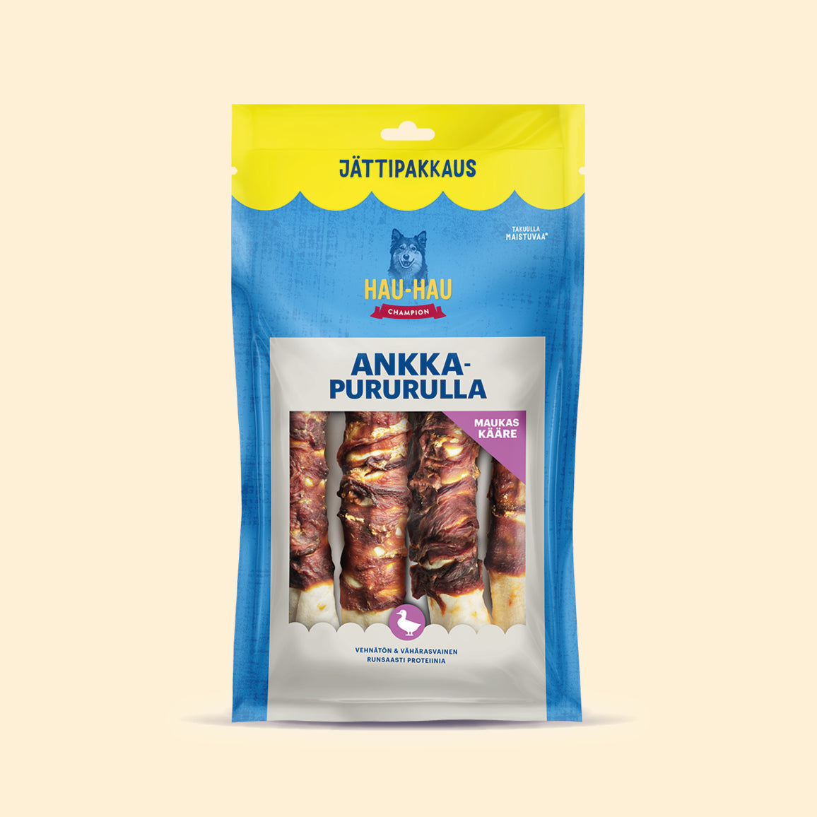Hau-Hau Champion Ankkapururulla 25 cm koiran puruluu 440 g jättipakkauksessa pakkauskuva