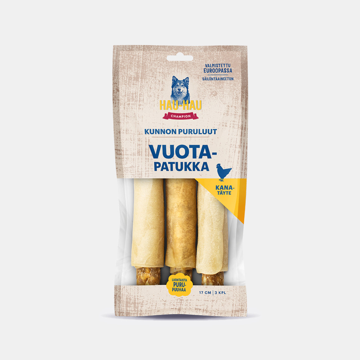 Hau-Hau Champion Kunnon puruluut Vuotapatukka kana 17 cm koiran puruluu 225 g pakkauskuva