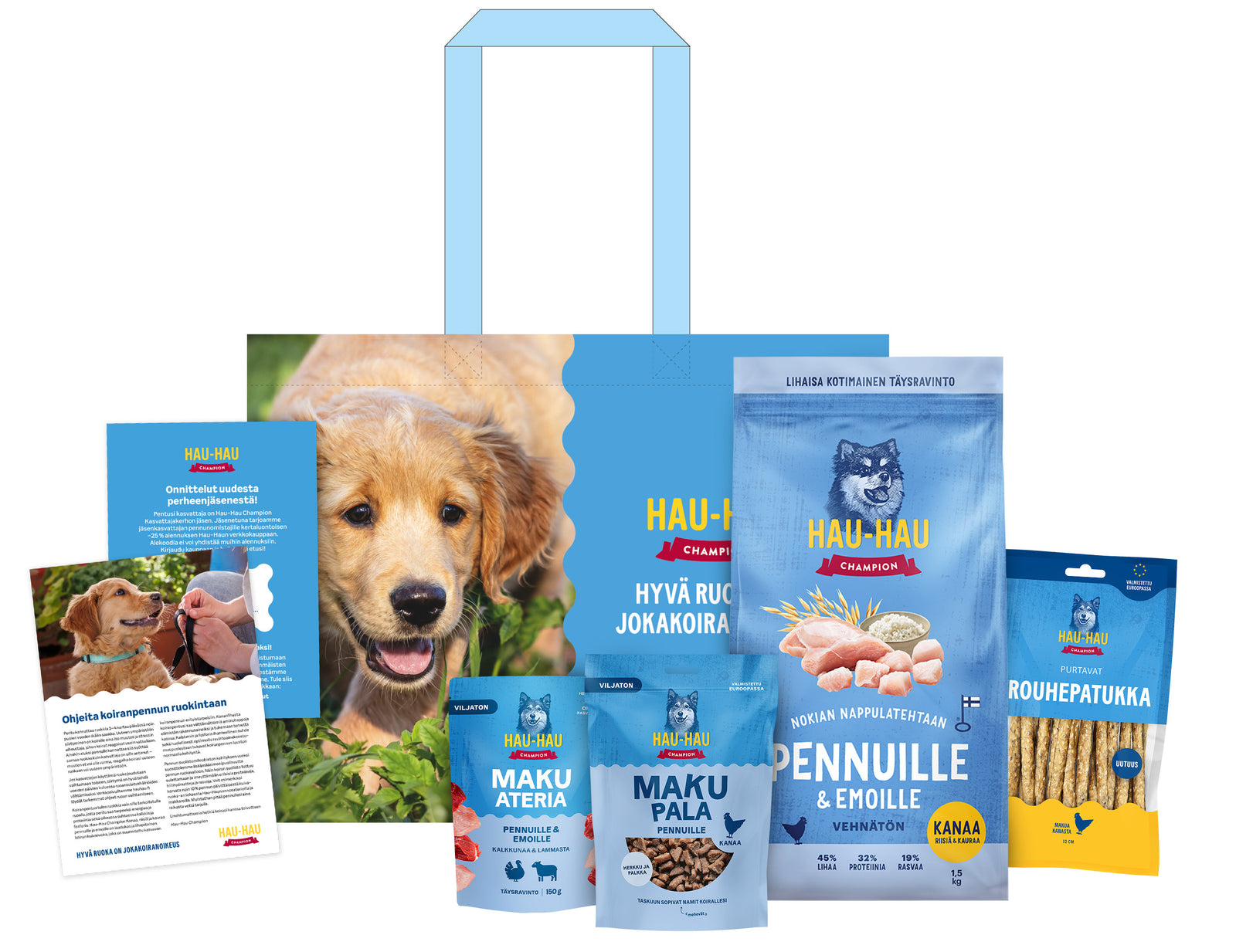 Tuotekuva Hau-Haun pentupaketista, joka sisältää tuotteita pennulle.