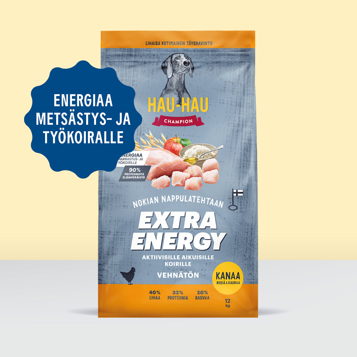 Nokian Nappulatehtaan Extra Energy antaa energiaa metsästys- ja työkoirille, kuvassa kuivaruokasäkki