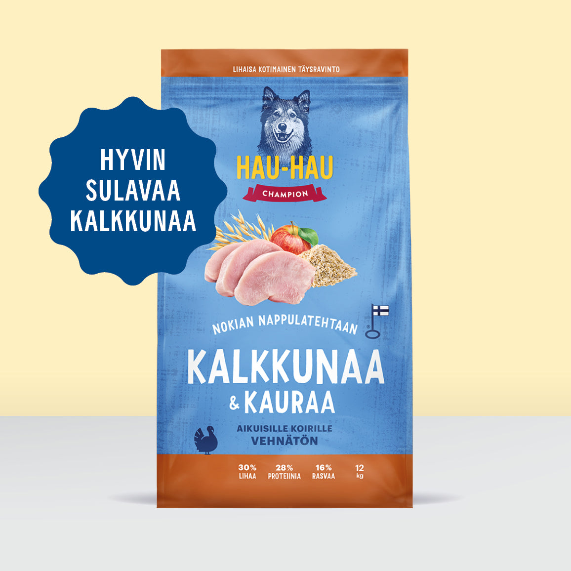 Nokian Nappulatehtaan Kalkkunaa ja kauraa kuivaruoka sisältää hyvin sulavaa kalkkunaa, kuvassa kuivaruokasäkki