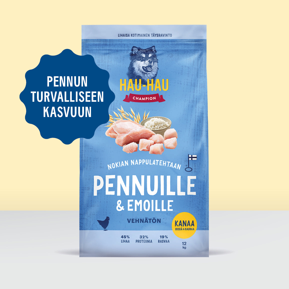Nokian Nappulatehtaan Pennuille ja emoille -kuivaruoka on lihaisa kotimainen täysravinto, joka tapaa pennun turvallisen kasvun, kuvassa kuivaruokasäkki