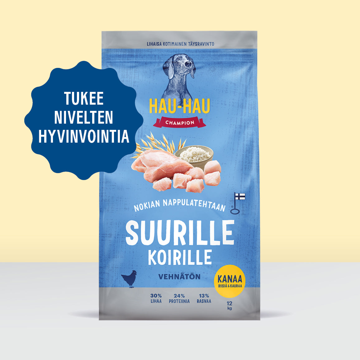 Nokian Nappulatehtaan lihaisa kotimainen täysravinto suurille koirille, tukee nivelten hyvinvointia, kuvassa kuivaruokasäkki