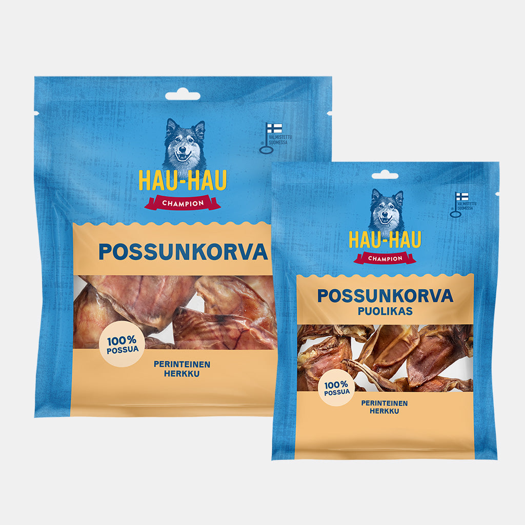 Kuvassa Hau-Haun kuivatut kotimaiset possunkorvat