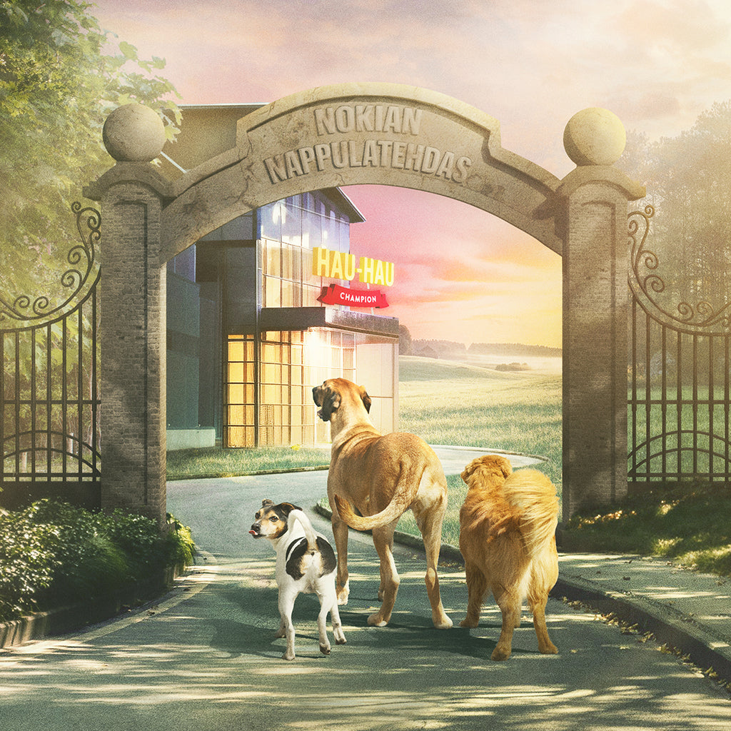 Nokian Nappulatehtaan nostokuva, kuvassa koiranruokatehtaan portti, jossa koiran odottavat huuliaan lipoen