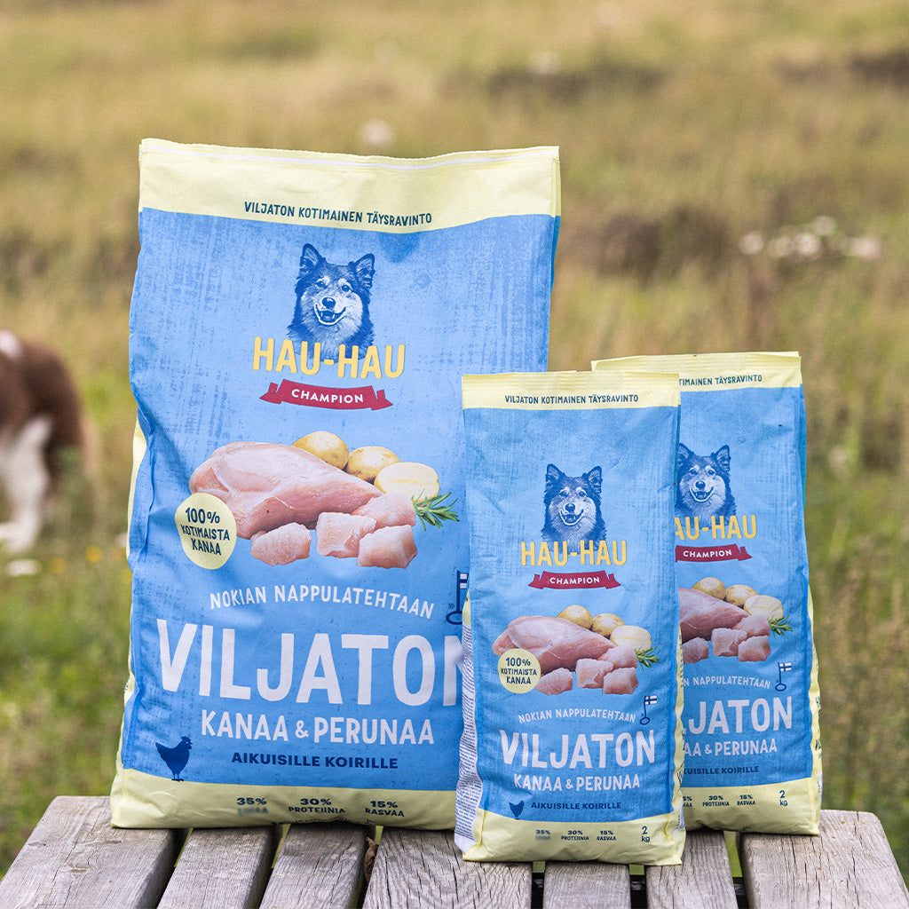 Hau-Hau Viljaton Kanaa & perunaa pakkaukset pelotmaisemissa